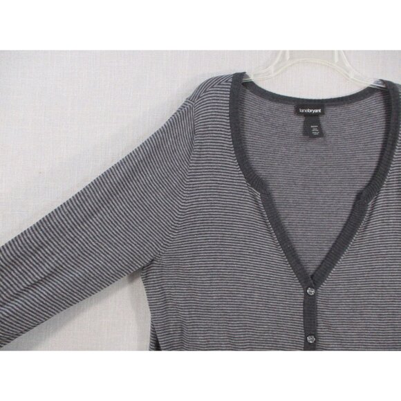 Lane Bryant Womens Cardigan 22/24 Gray Striped 100% Cotton V-Neck Button-Down - Picture 3 of 7